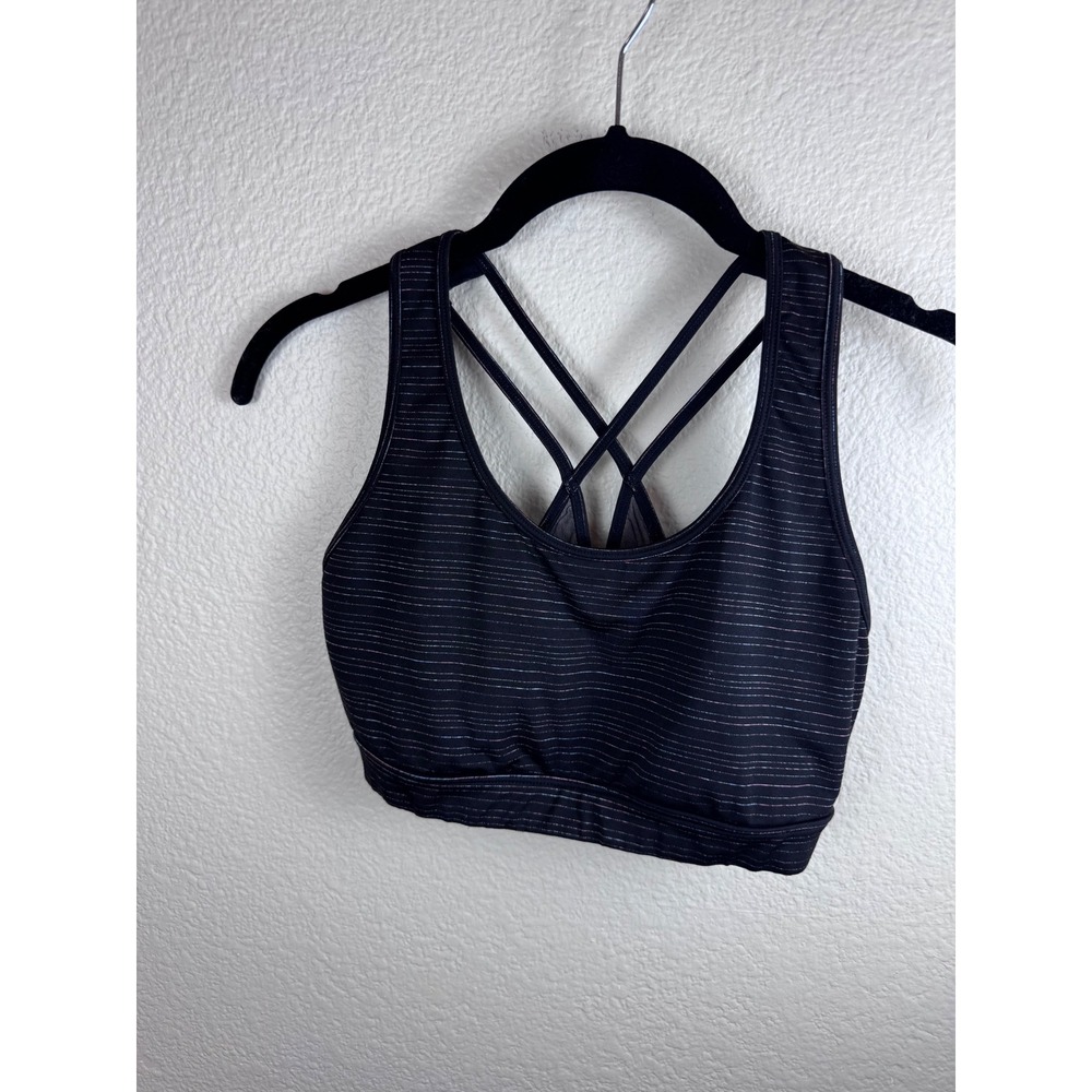 Active Sports Bra Women M Black Striped Strappy Back Stretch Athleisure Yoga